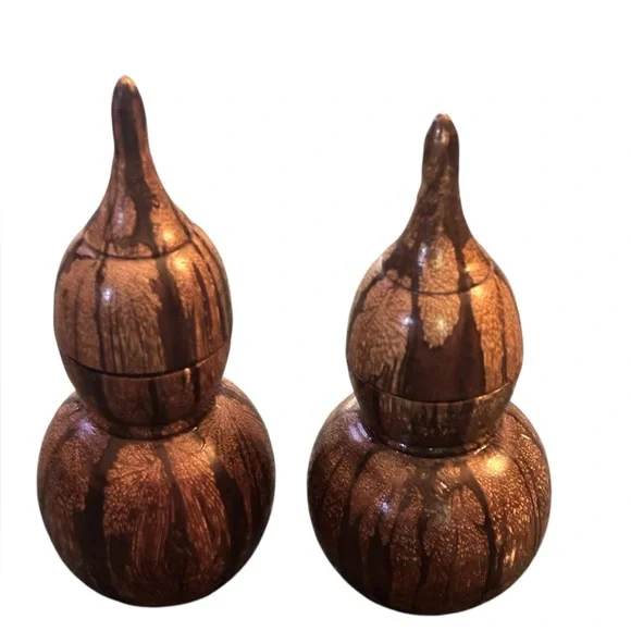 Retro vintage Chinese redwood salt and pepper shakers- very unique and usual