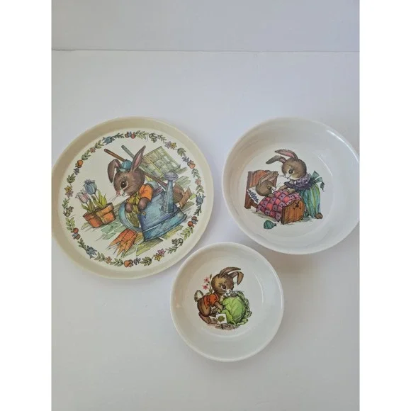 Vintage Peter Rabbit Oneida Melamine 3‎ Piece Dinnerware Set Plate & Bowls