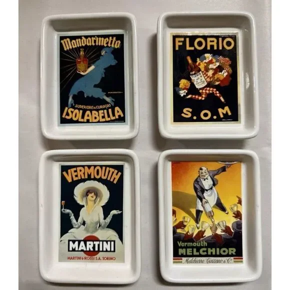 Set of 4 Pottery Barn  Vintage Cocktail Posters Appetizer Relish Dishes Plates