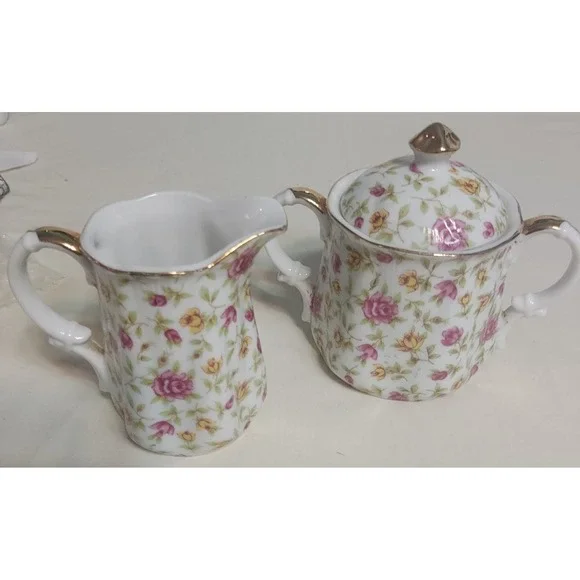 Vintage Chintz Sugar Bowl‎ and Creamer Topline Imports Japan Marked - 24/466