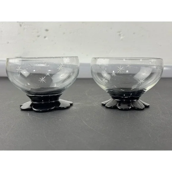 Vintage Etched Starburst Glass Dessert Bowls Black Petal‎ Flower Base Set of 2