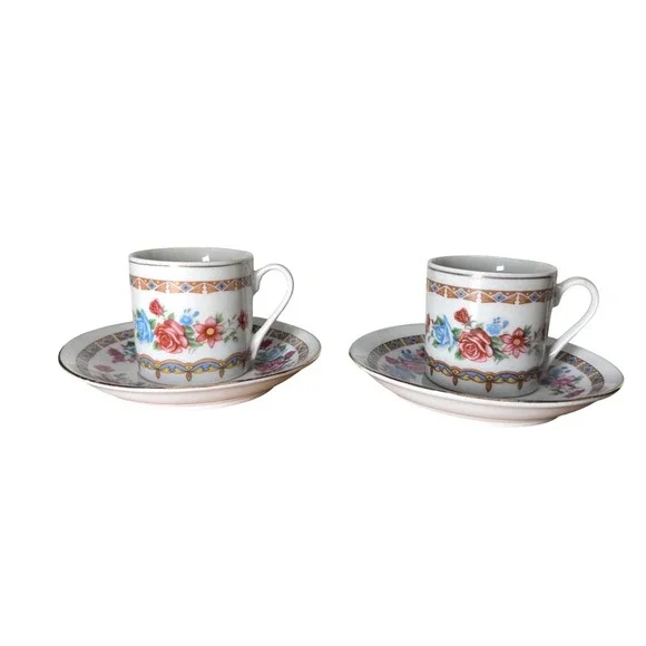 Vintage Chinese Porcelain Espresso Cup and Saucer Set of 2 Floral Demitasse Rose