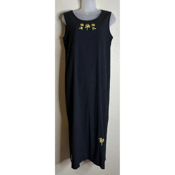 Teddi Womens M Petite Maxi Dress Black Sunflower Embroidered‎ Sleeveless Cottage