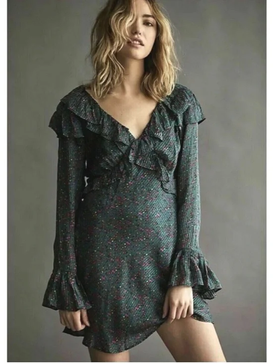 FREE PEOPLE SWEETEST THING RUFFLE‎ GREEN FLORAL MINI DRESS size 0