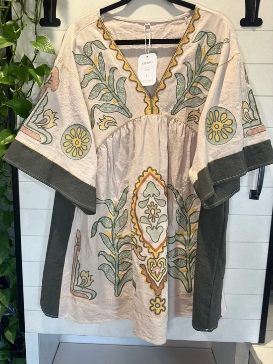 Embroidered Mini Dress in Light Pink & Olive