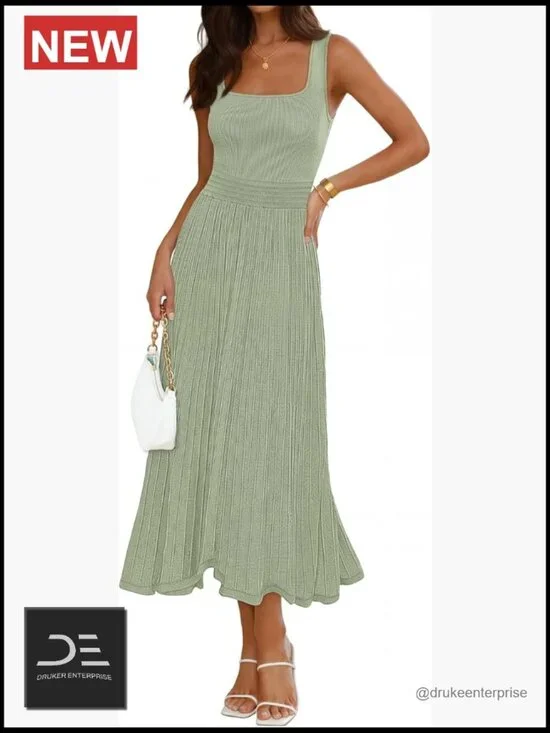Sleeveless Pleated A-Line Midi Dress for Summer Wedding Guest Work Cocktail