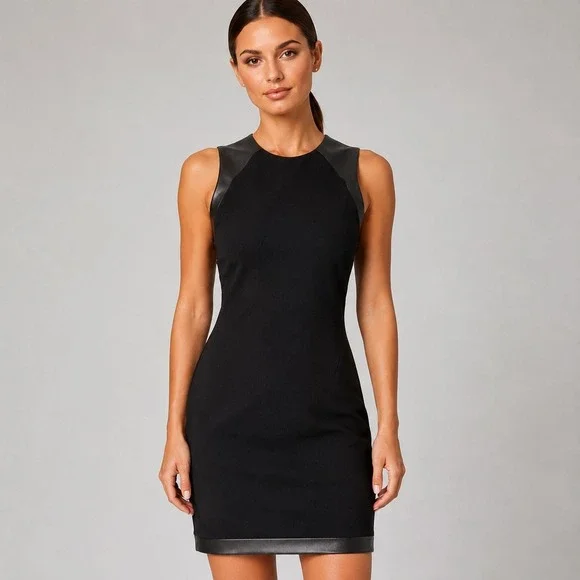 Rag & Bone Nudie Mini Dress Black Crepe Sheath Vegan Leather Trim Women's 4 NWT