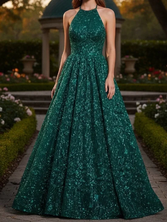 Sherri Hill Green Halter Sequin Ball Gown