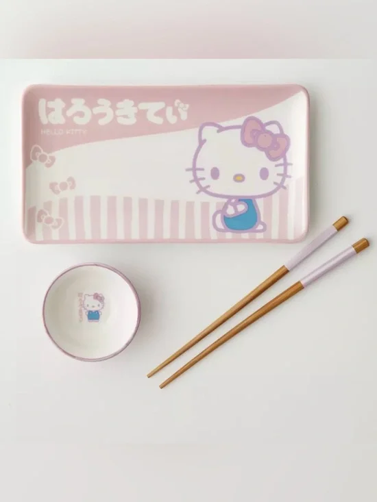 NEW Hello Kitty Pink & White Ceramic Sushi Plate Set with Blue Accent