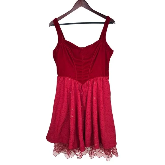 Dress Sz L Velvet Corset Babydoll Fairy Whimsigoth Holiday Heart Red Tulle Party