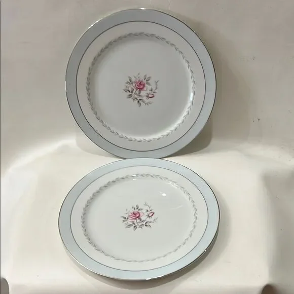 Regency White Blue Silver Trim Pink Floral Rose Set 2 Dinnerware Plate 10 1/4 In