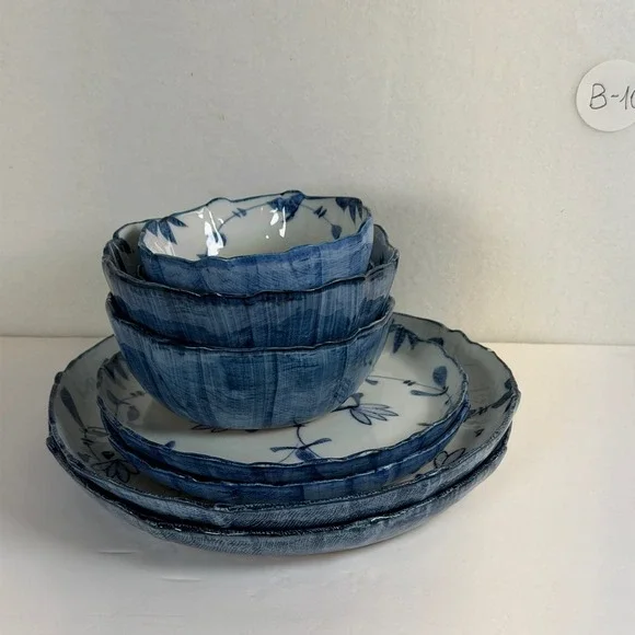 6pc Blue & White Floral Stoneware Dinnerware Set Scalloped Edge B-10