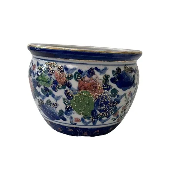 Chinese Style Koi Coi Pond Bowl Miniature Floral Cobalt Blue & Pink 3.5