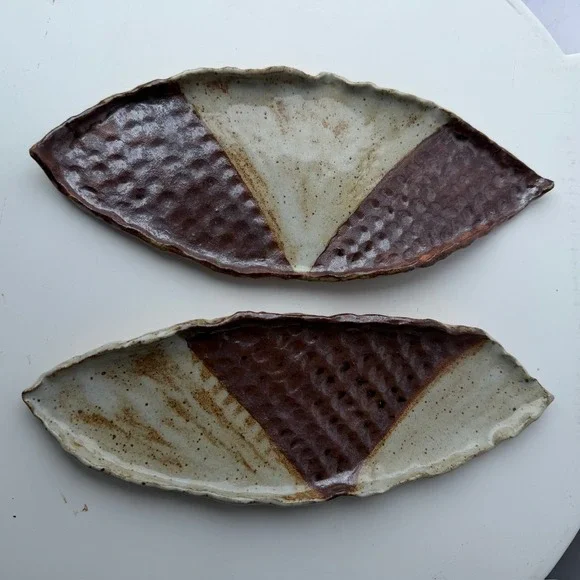 Set of 2 Artisan Handmade Pottery Leaf Trays Brown Cream Glaze Signed Ceramic