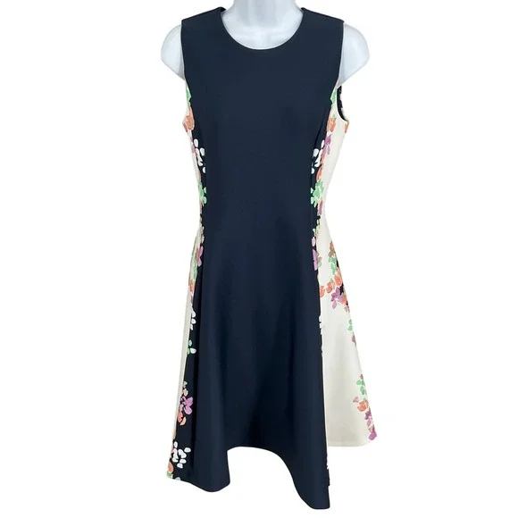 DKNY Dress Womens‎ 2 Navy Floral Side Panel Classic Office Prepppy NEW