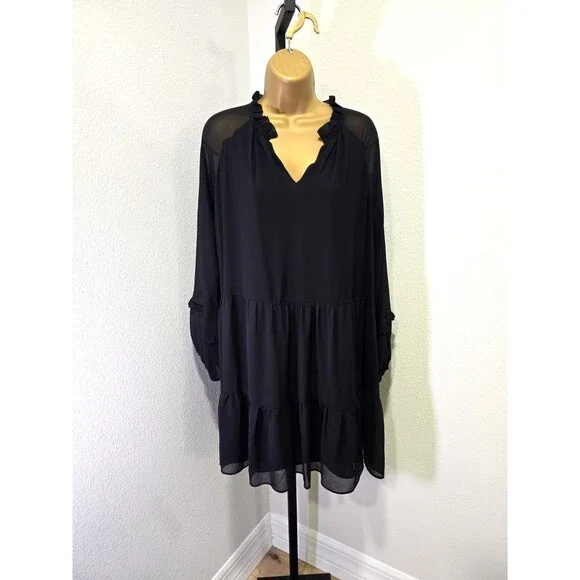 Vince Camuto Black Sheer Overlay Dress Oversized Small Ruffle Tiered Whimsigoth