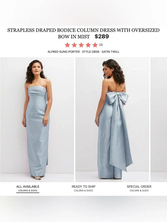 ALFRED SUNG Strapless Mist Blue Satin-Twill Column Gown with Back Bow