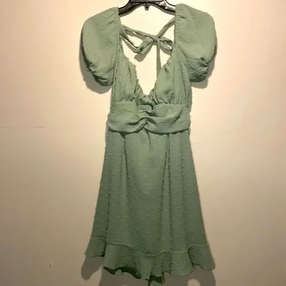Lucy In The Sky- Sage Green Puff Sleeve Swiss Polka Dot Back Cutout Mini Dress L