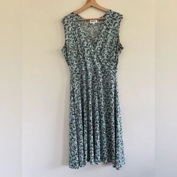 Leota Black Green Floral MIDI  Dress women sleeveless size Xl