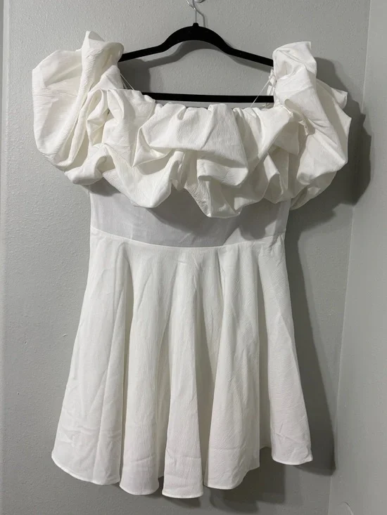 Selfie Leslie White Off Shoulder Ruffle Mini Party Event Wedding Bride Dress L