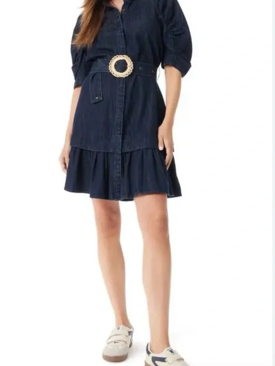 Denim Shirt Dress with Belt - Navy