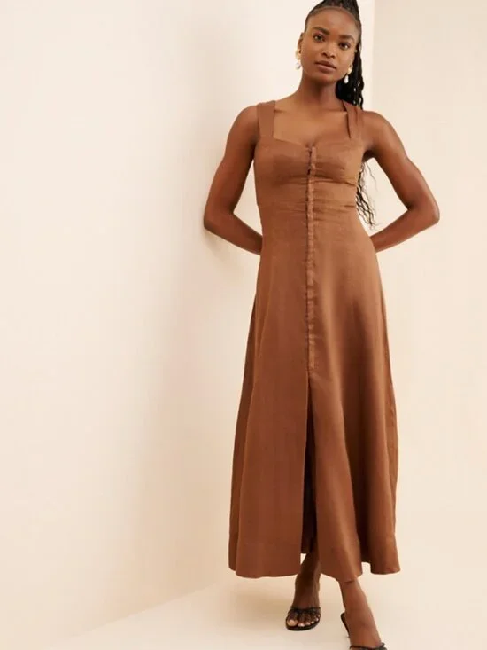 Hansen + Gretel Chocolate Brown Brightly Linen Maxi Dress Size XS 38614