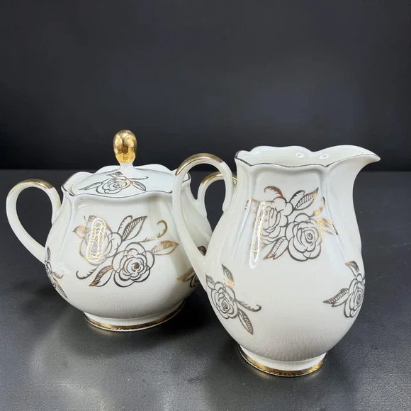 Bavaria Porcelain Sugar Bowl and Creamer Set Gold Rose Gilded Cream Vintage