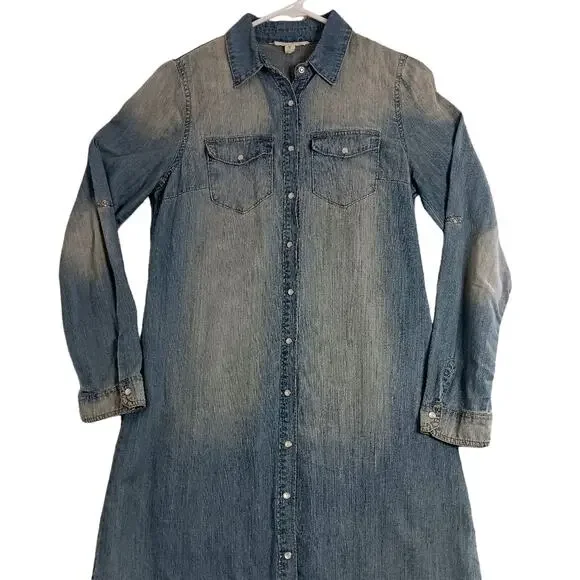 Buddy Basics Vintage Western Denim Dress M Blue Fade Pearl Snap Cowgirl Boho‎