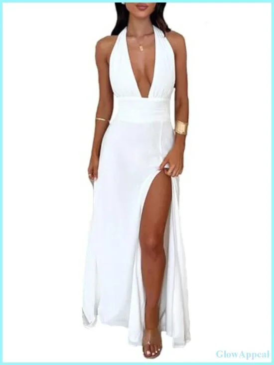 Halter Deep V Neck Maxi Dress Sleeveless Backless Ruched High Slit