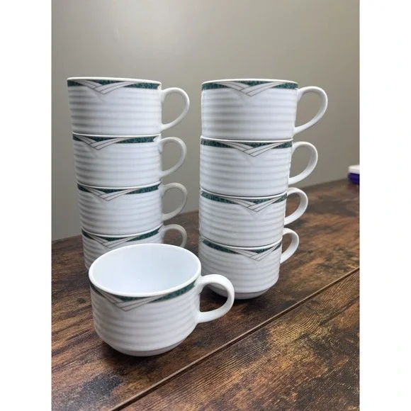 Lot Of 9 Contemporary Noritake Tea Cups Arctic Green Ribbed Very Nice