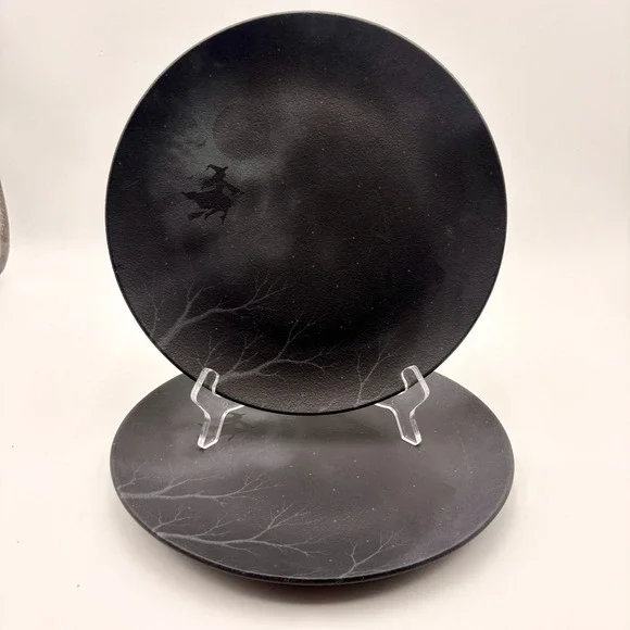 Mesa Brasil Halloween Witch Moon Dinner Plates Set of 2 Black Matte Spooky
