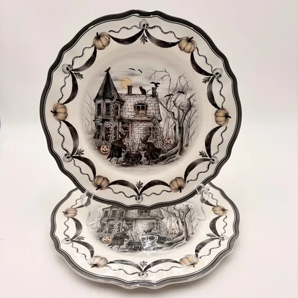Set of 2 Melamine Halloween Haunted House Witches Scalloped Dinner Plates Skulls