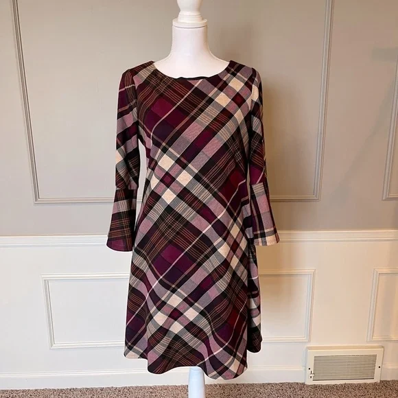 JH Women's plaid dress flare sleeve pockets soft office casual purple plum