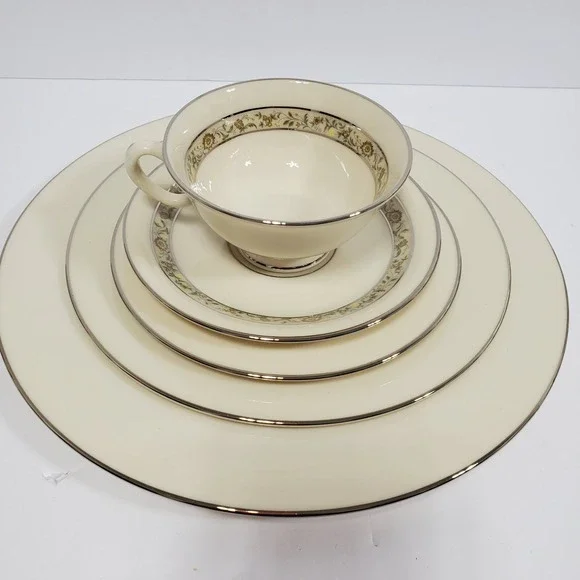 Lenox Springdale Cup Saucer Salad Bread & Dinner Plates 5 Pieces Platinum Trim