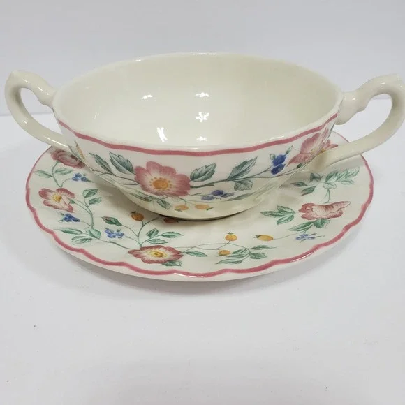Churchill Soup Cup and Saucer Set Floral Cream Ceramic Excellent Made in England