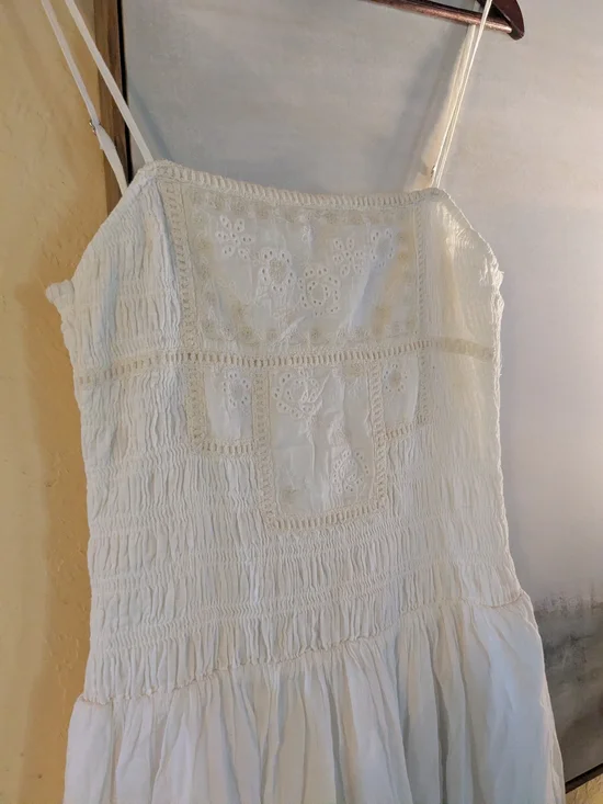 Zara XS White Eyelet Smocked Maxi Dress