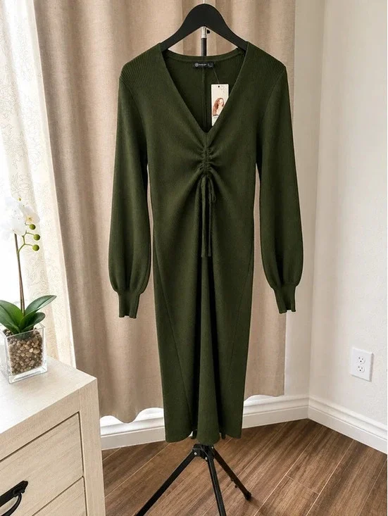 PrettyGarden Ribbed Knit Bodycon Midi Dress – Olive Green – Size Large – NWT