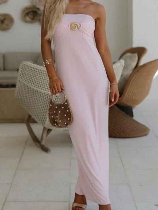 These Three Boutique Strapless Pink Maxi Dress with Twist Detail
