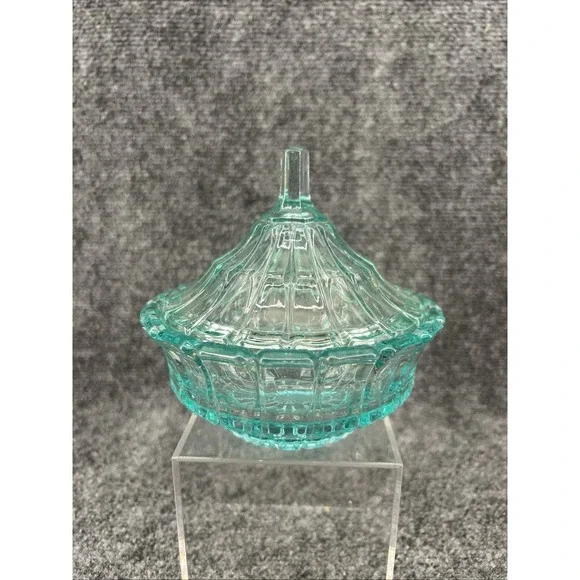 Vintage Tiara Fostoria Lead Crystal Teal Green - Blue Glass Candy Dish W/Lid 5