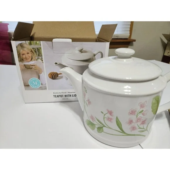 NewBox Martha Stewart Kimberly Floral Stoneware Teapot w/ Lid, 4-Cup White/Pink