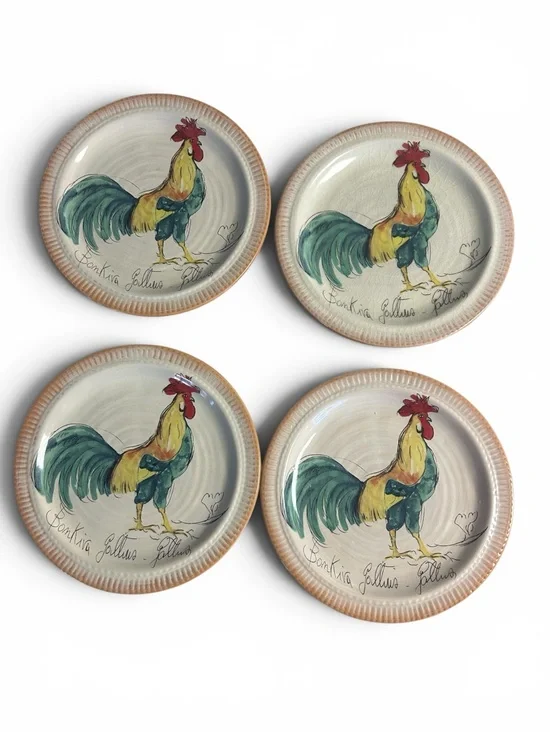 Pottery Barn Bon Kiva Rooster Salad Plates 9.5” Set of 4 Farmhouse
