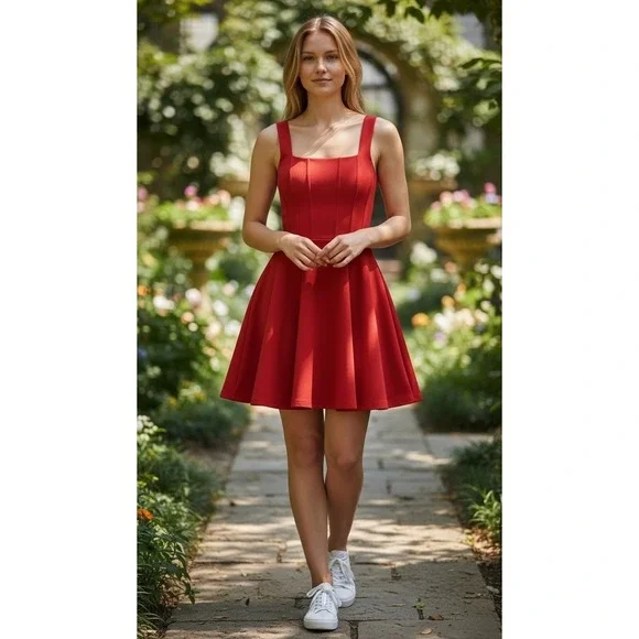 Little Red Party Dress 2 Fit Flare Skater Mini Padded Detachable Bow Adjust NWT