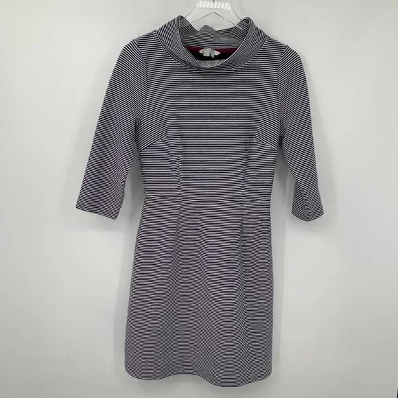 Boden Zoe ponte knit striped shift dress navy blue white stretch funnelneck 6