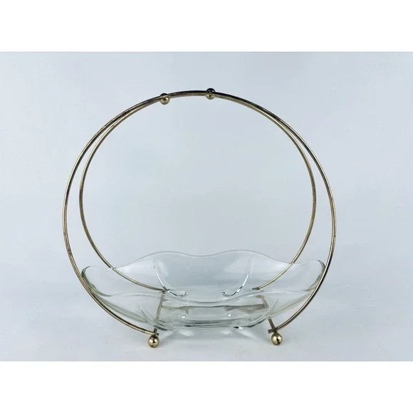 Vintage Brass Centerpiece Bowl Glass Candy Snack Dish MCM Retro