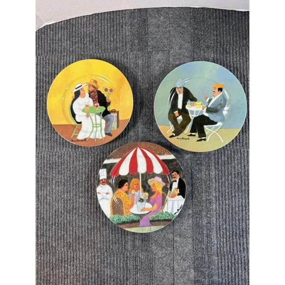 Guy Buffet Collection Fine Porcelain Appetizer Plates Set of 3 French Cafe Scene