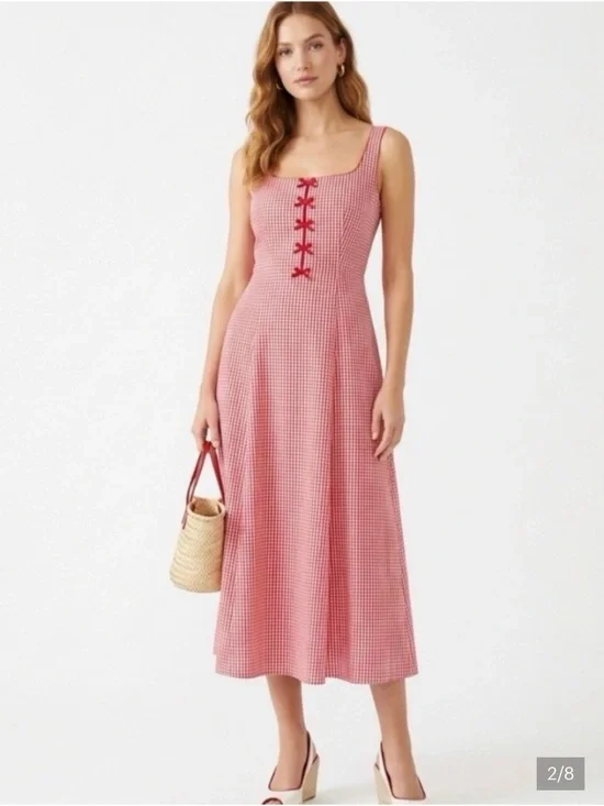 Rachel Zoe Red and White Gingham Midi Dress with Front Bows
