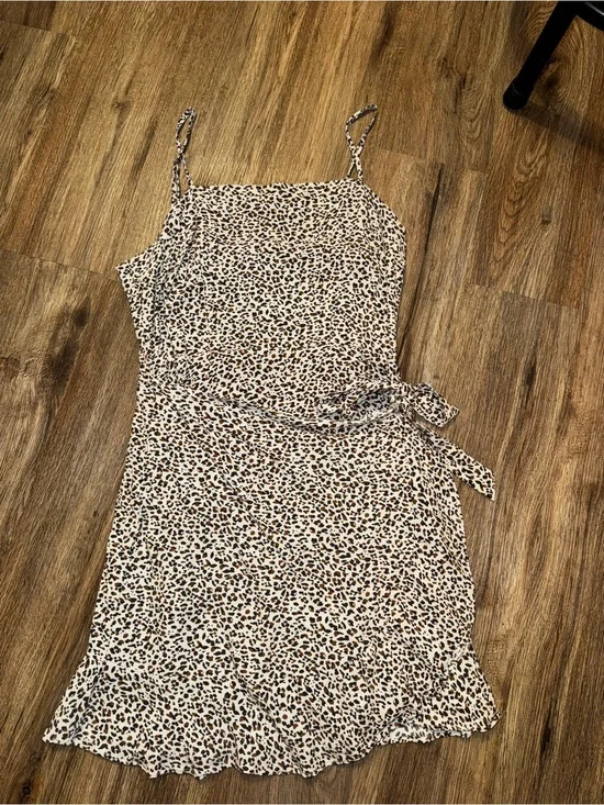 Abercrombie & Fitch Beige Leopard Print Tie-Waist Mini Dress