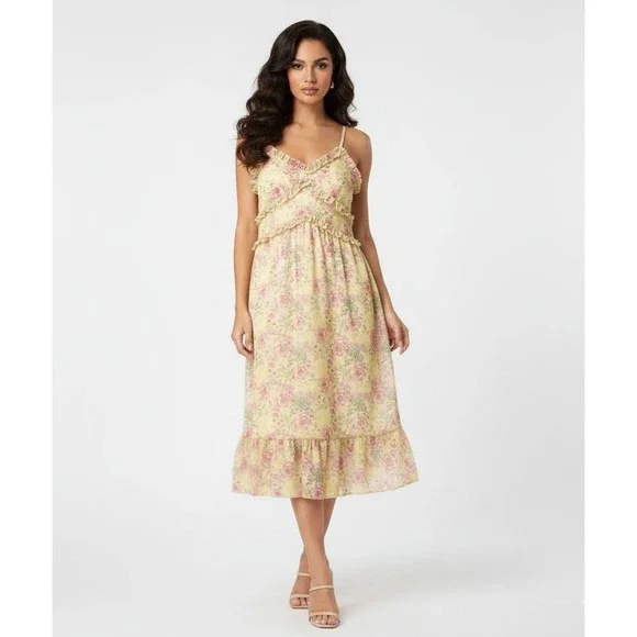 Nobo Dress Juniors L 11-13 Yellow Floral Babydoll Ruffle Cottagecore‎ Boho Midi