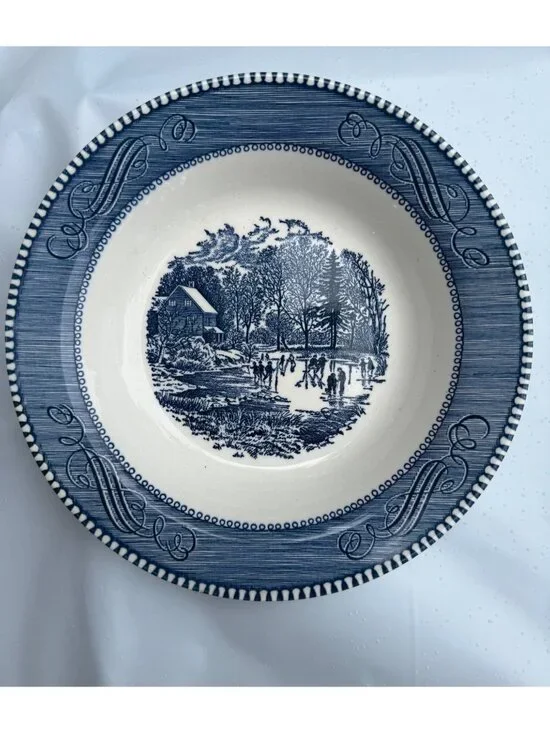 Currier & Ives Royal China Early Winter Blue White Bowl 8.5