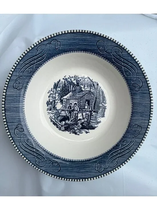 Currier & Ives Maple Sugaring Soup Bowl Blue White Vintage Made In USA 9